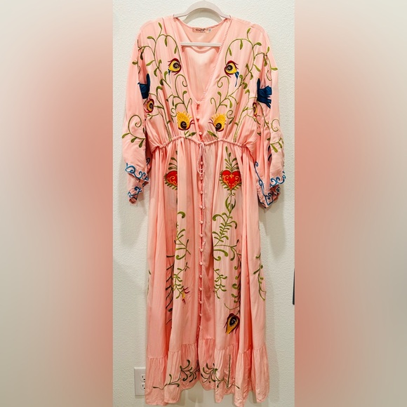 Boho Embroidered Pink Maxi Dress with Bell Sleeves - Picture 6 of 13